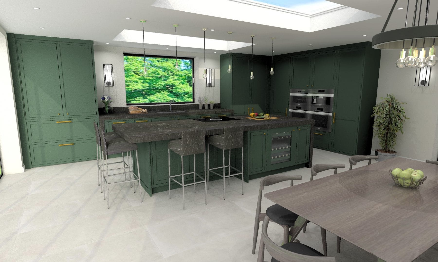 CAD Render of Studio Green Shaker Kitchen Bespoke