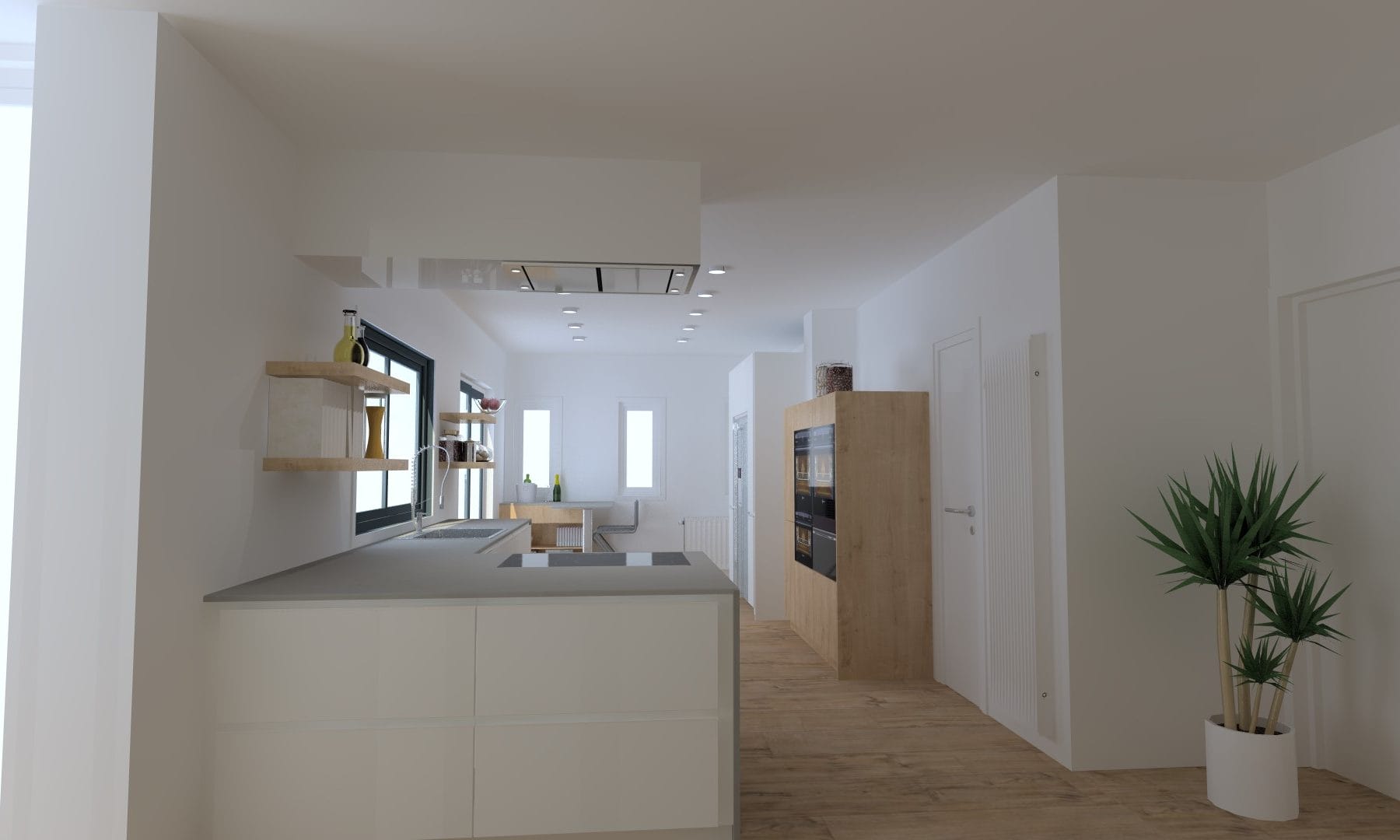 Neutral kitchen design with dark blue feature wall 2