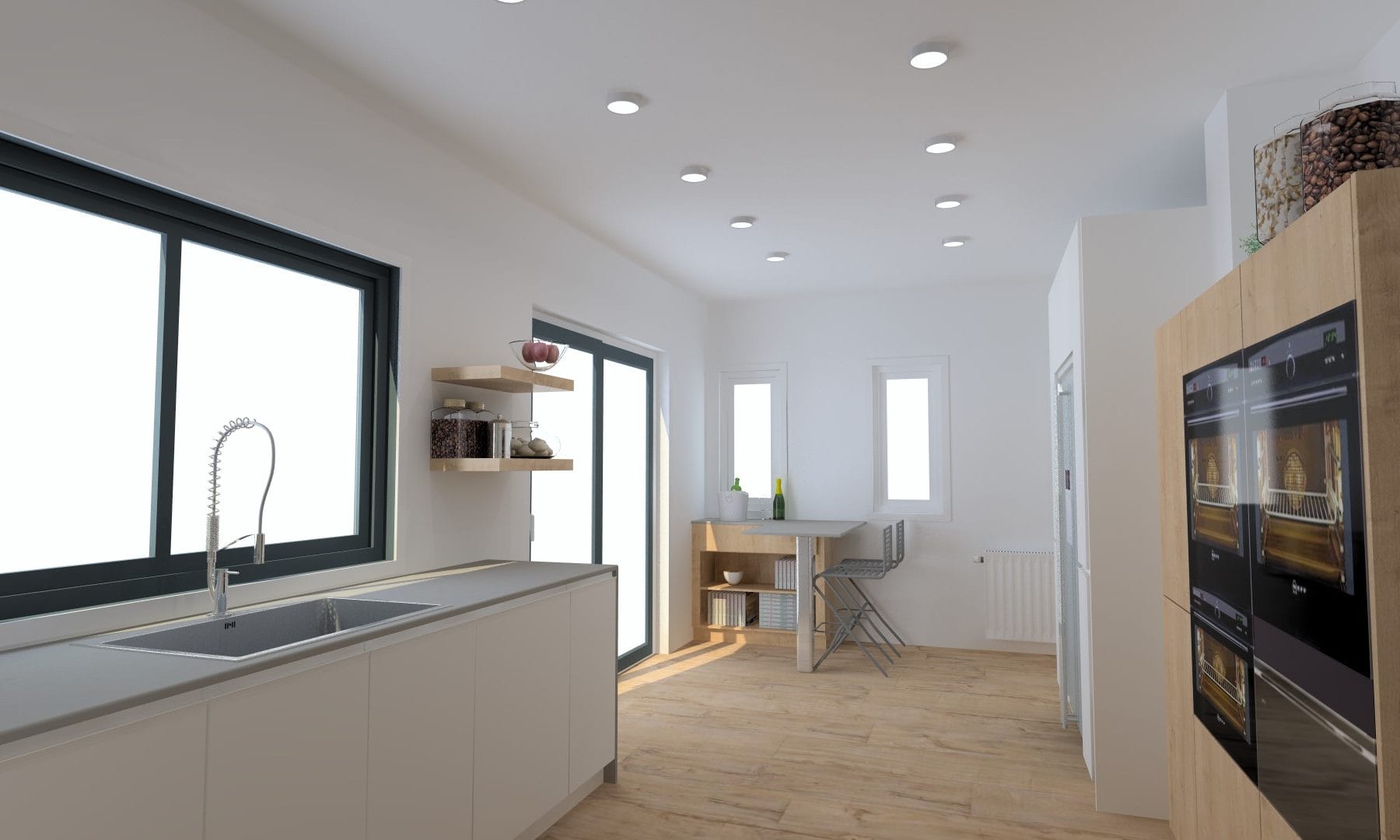 Neutral kitchen design with dark blue feature wall 5