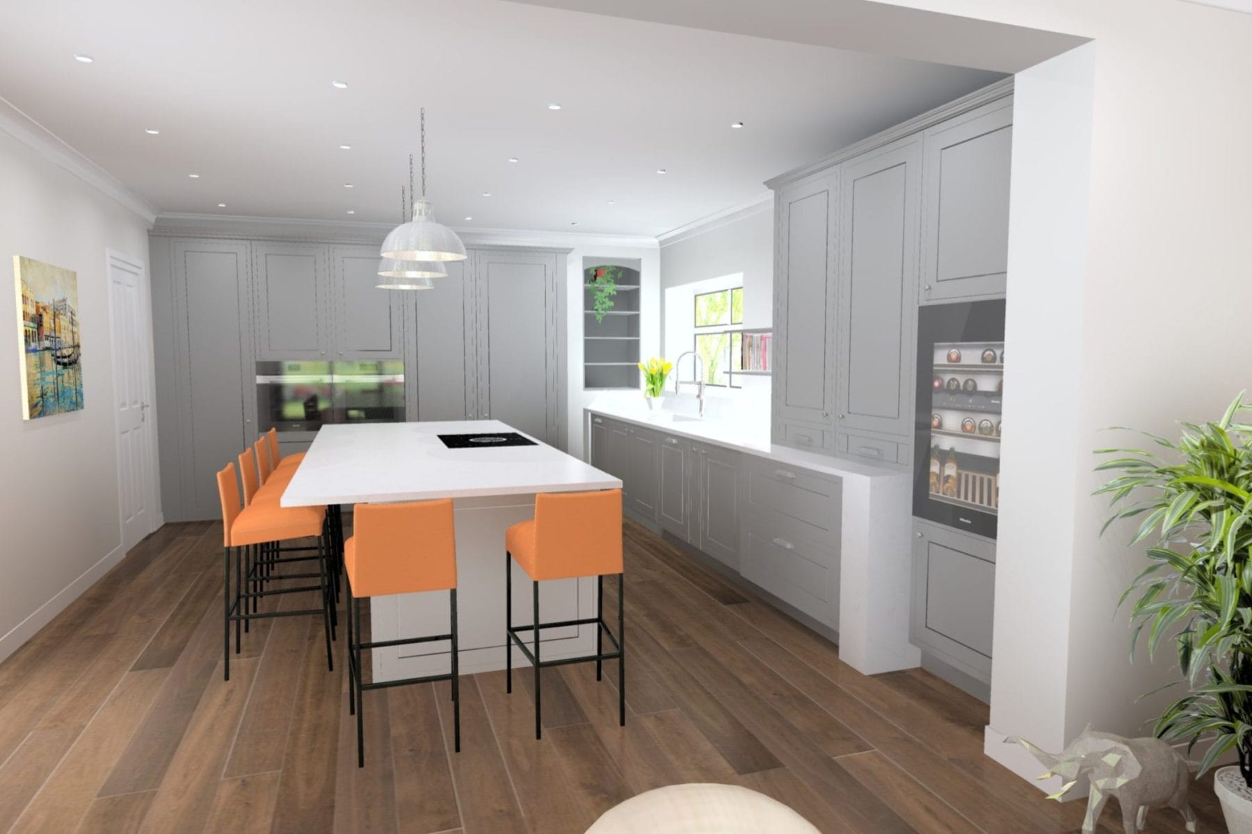 Light grey bespoke shaker kitchen with teal, orange, and copper detailing.