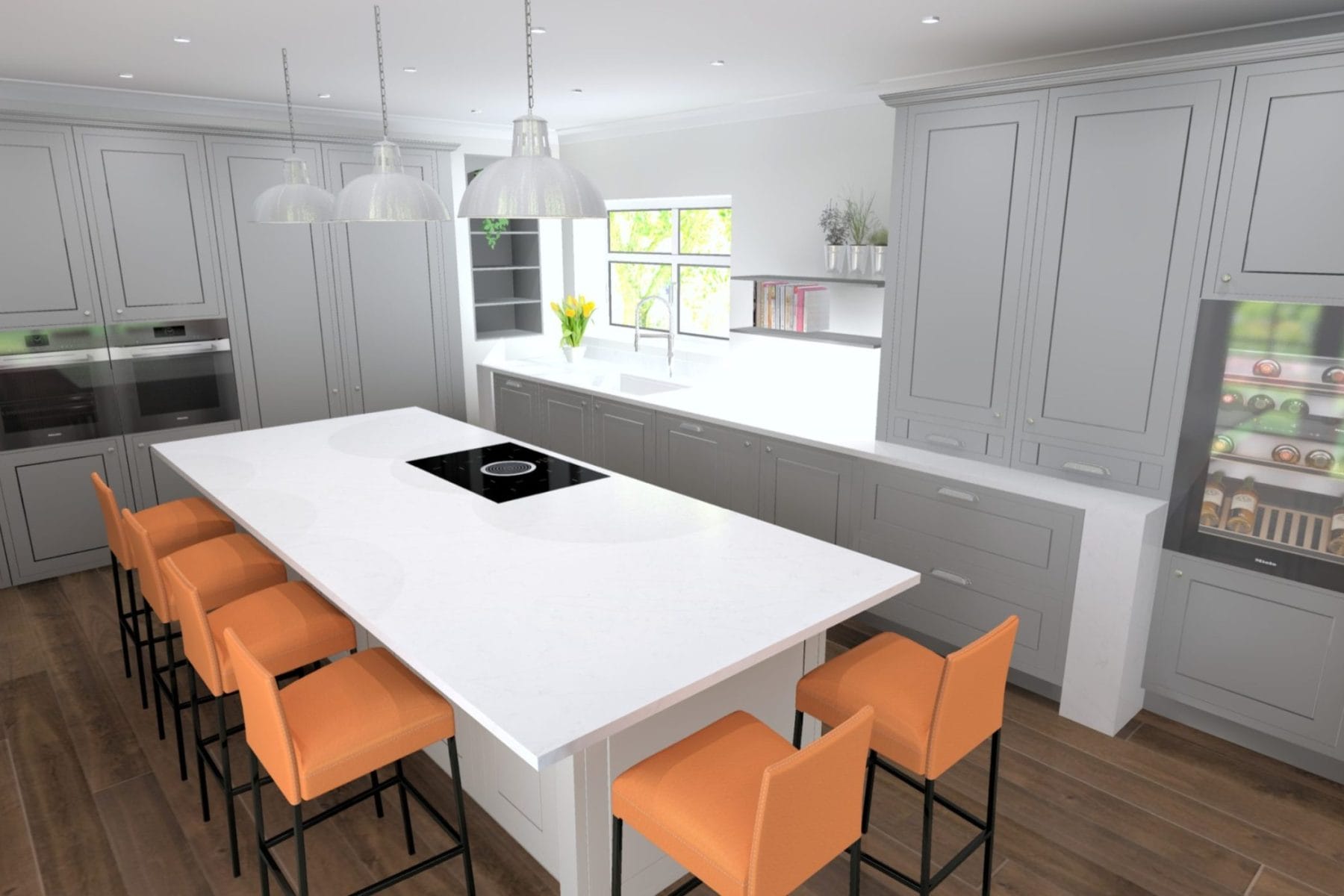 Light grey bespoke shaker kitchen with teal, orange, and copper detailing.