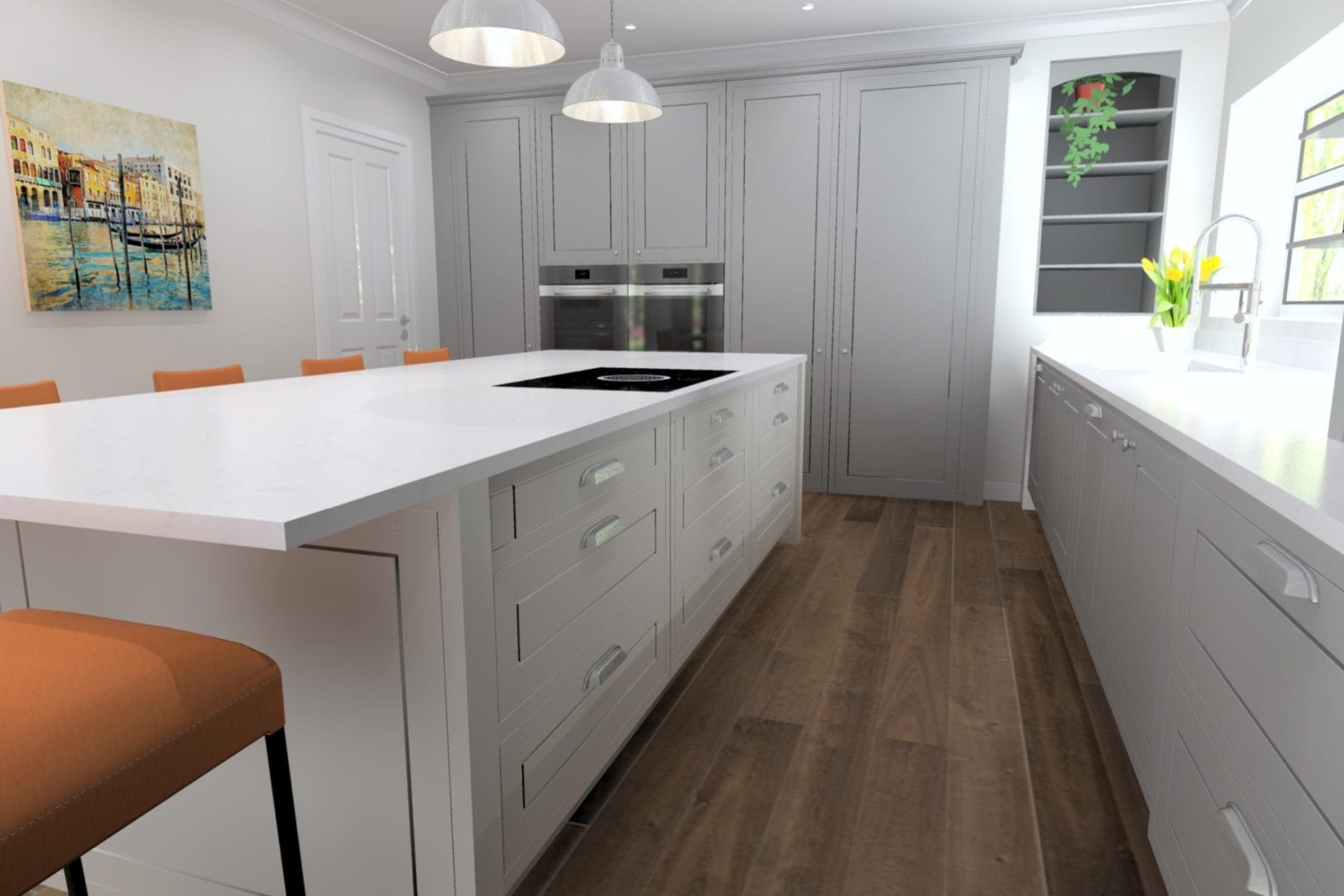 Light grey bespoke shaker kitchen with teal, orange, and copper detailing.