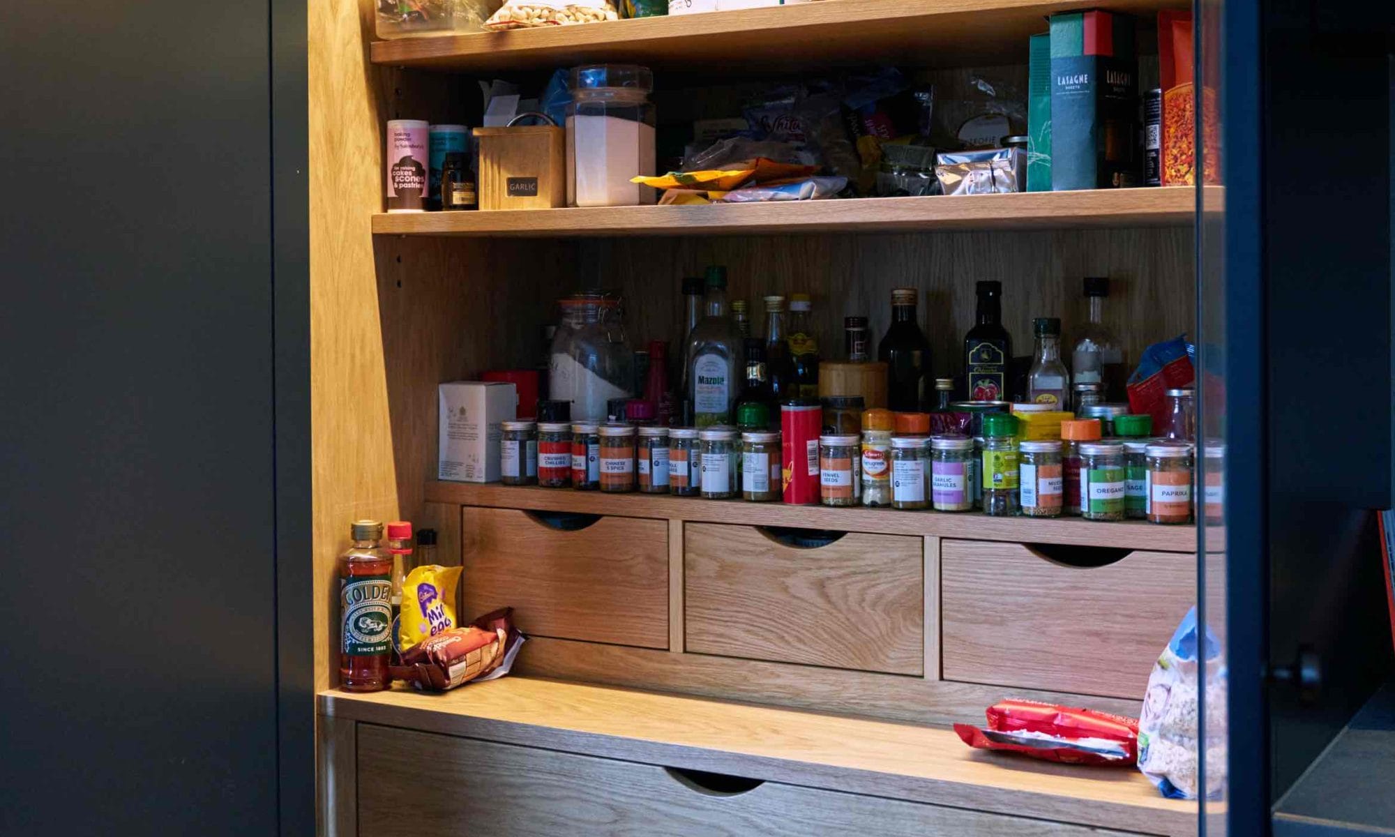 luxury oak kitchen pantry with drawer