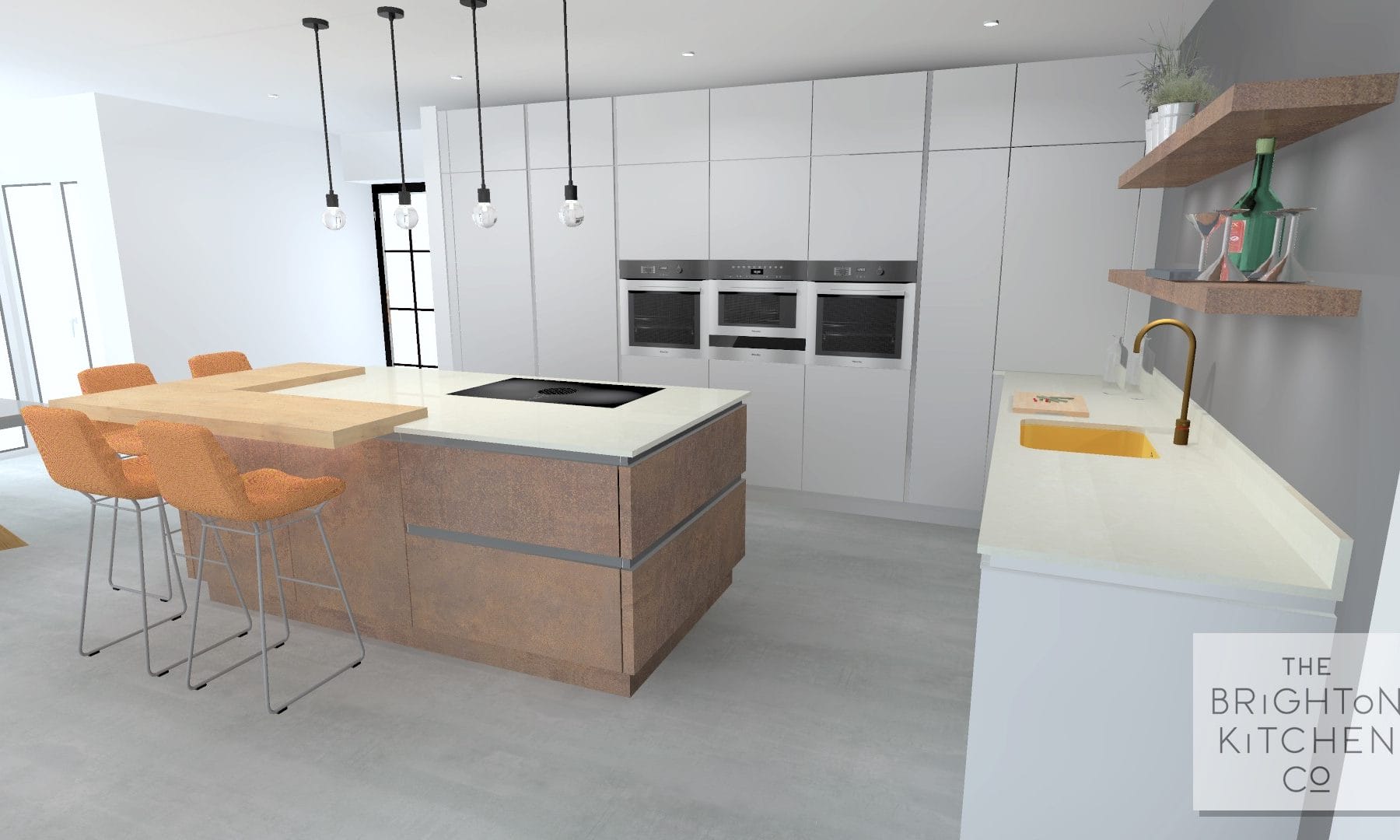 Kitchen with resin cement floor and a large copper feature island.