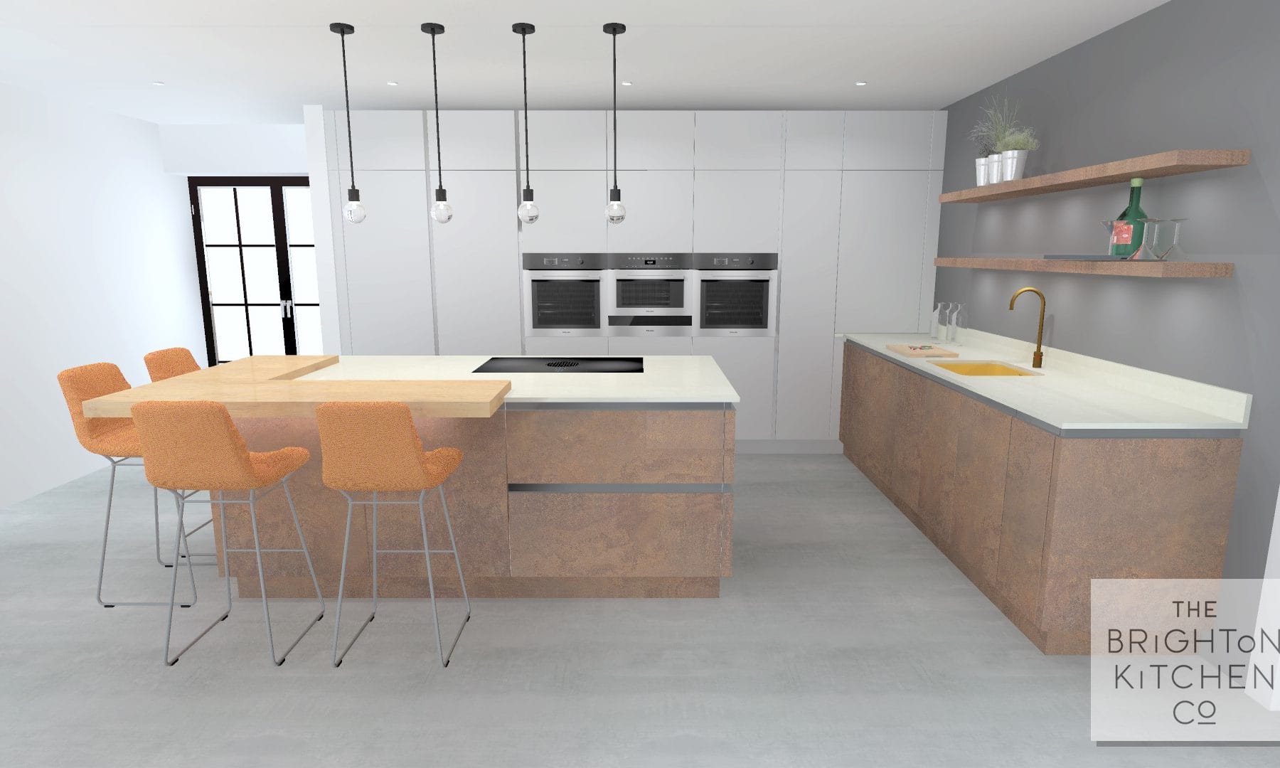 Kitchen with resin cement floor and a large copper feature island.