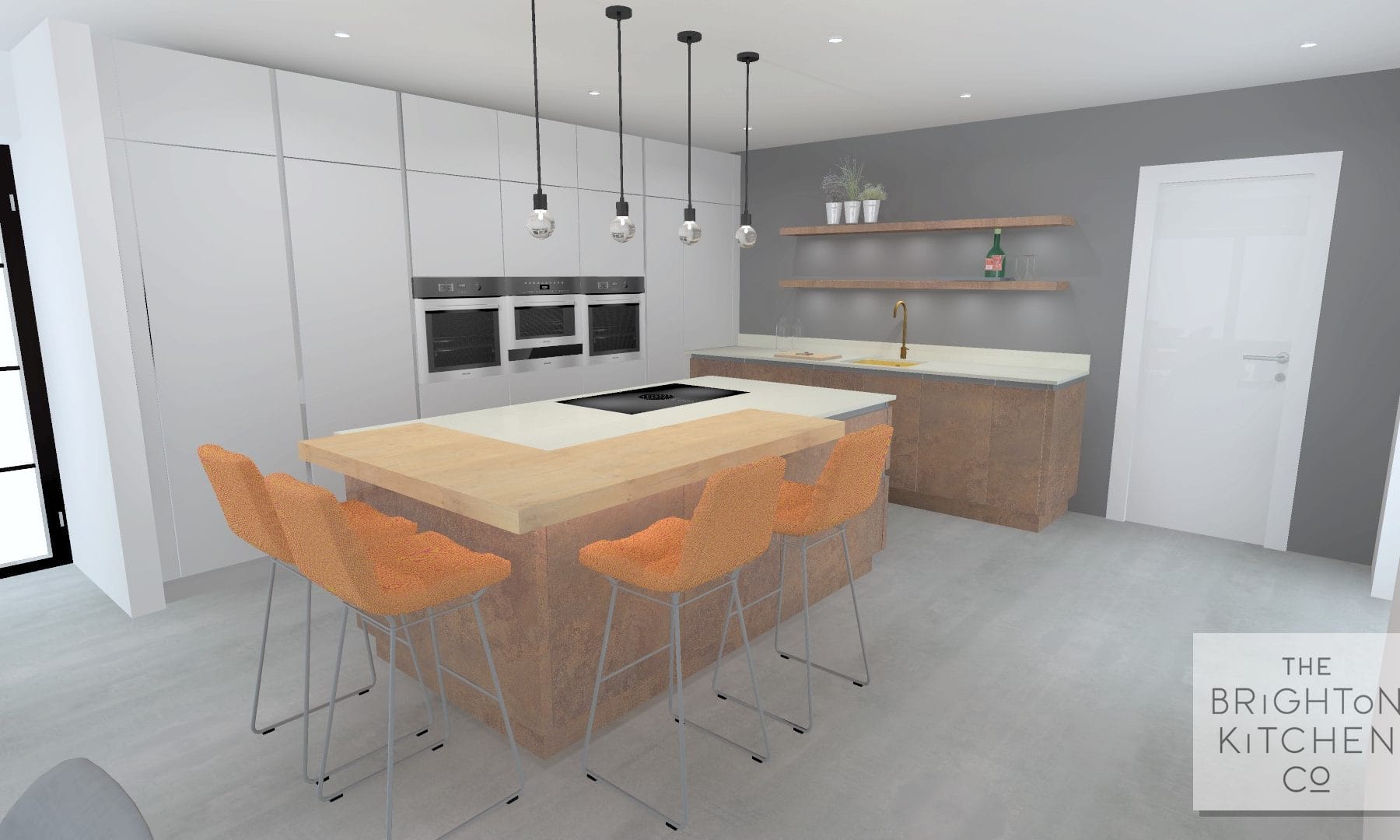 Kitchen with resin cement floor and a large copper feature island.