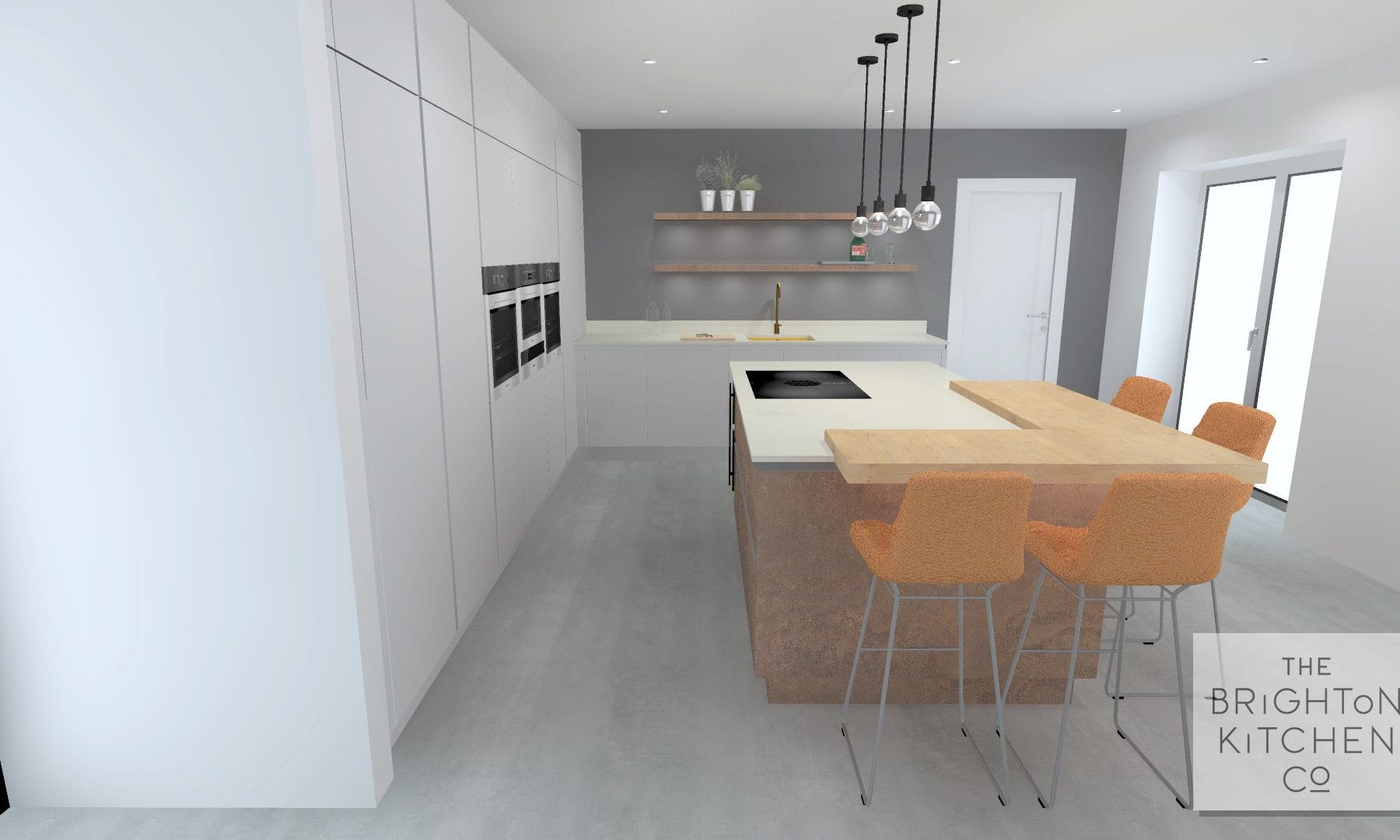 Kitchen with resin cement floor and a large copper feature island.