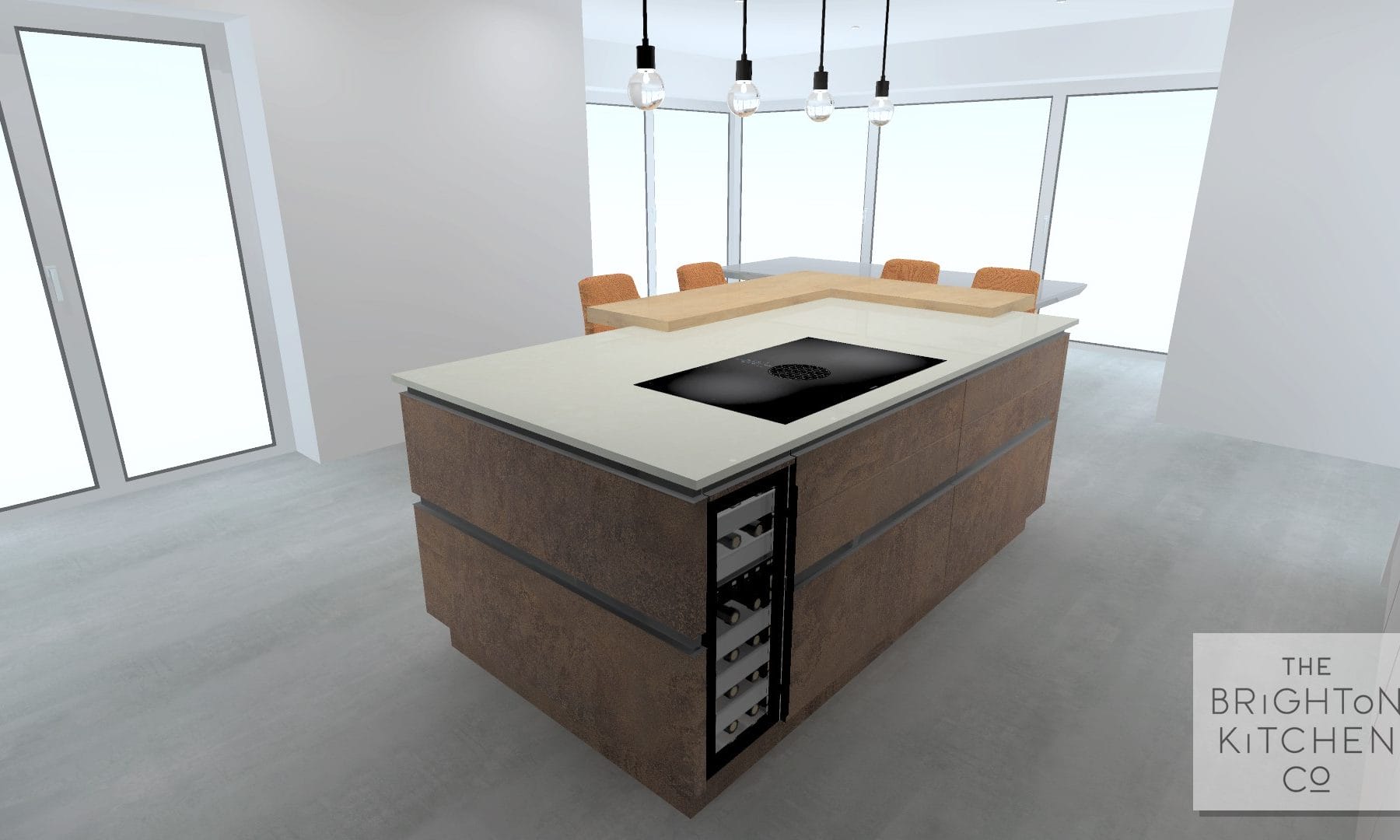 Kitchen with resin cement floor and a large copper feature island.