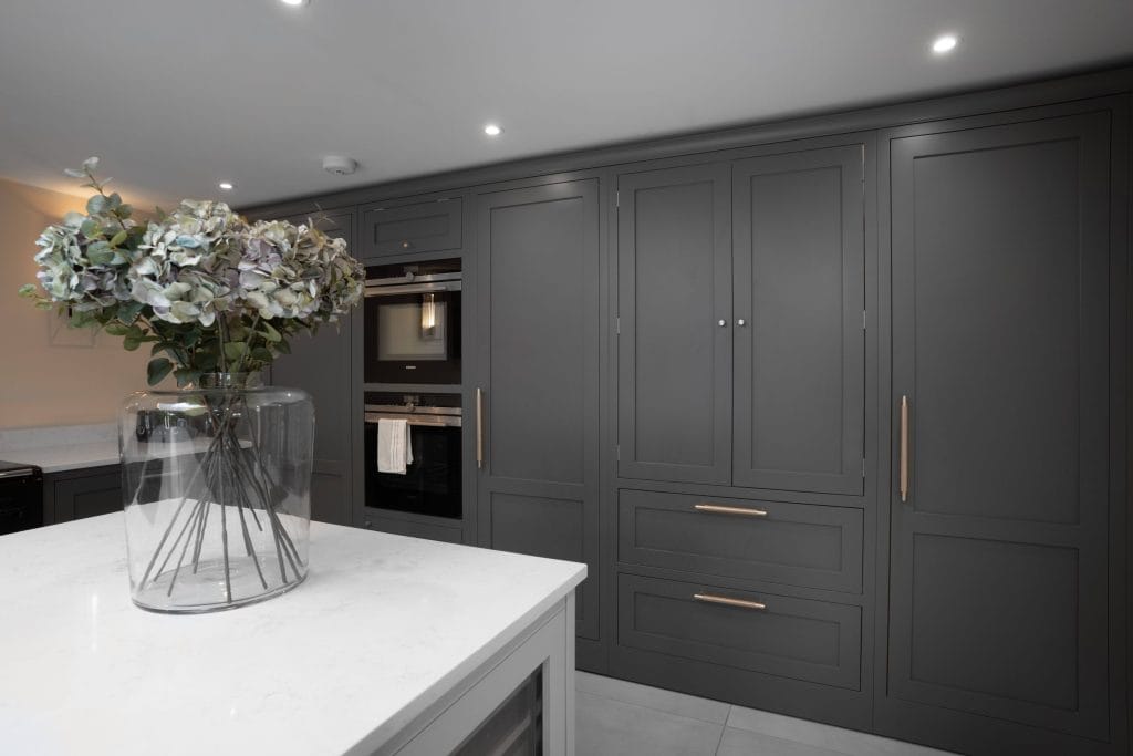 Dark Grey shaker kitchen double intergrated oven with kitchen island